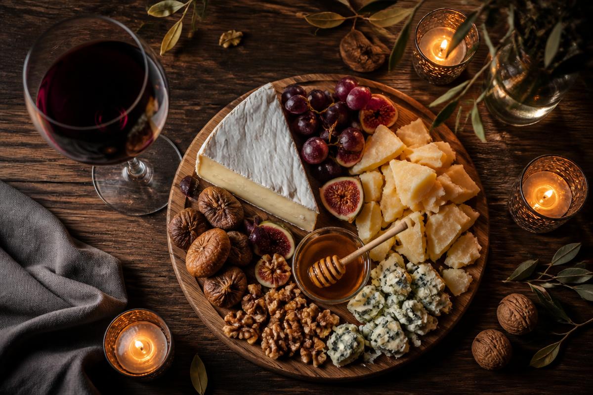 Tabla de quesos con vino tinto, frutos secos e higos